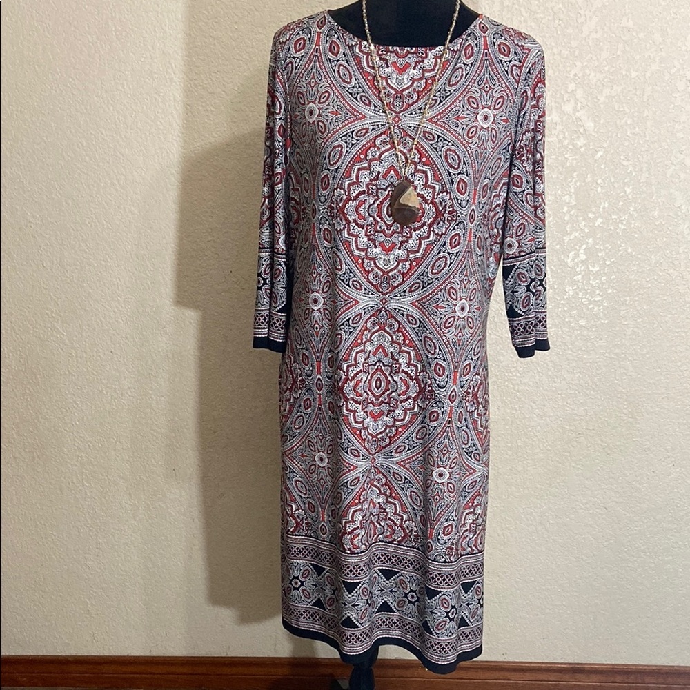 London Style Red and White Sheath Dress 3/4 Sleeve Crew Neck